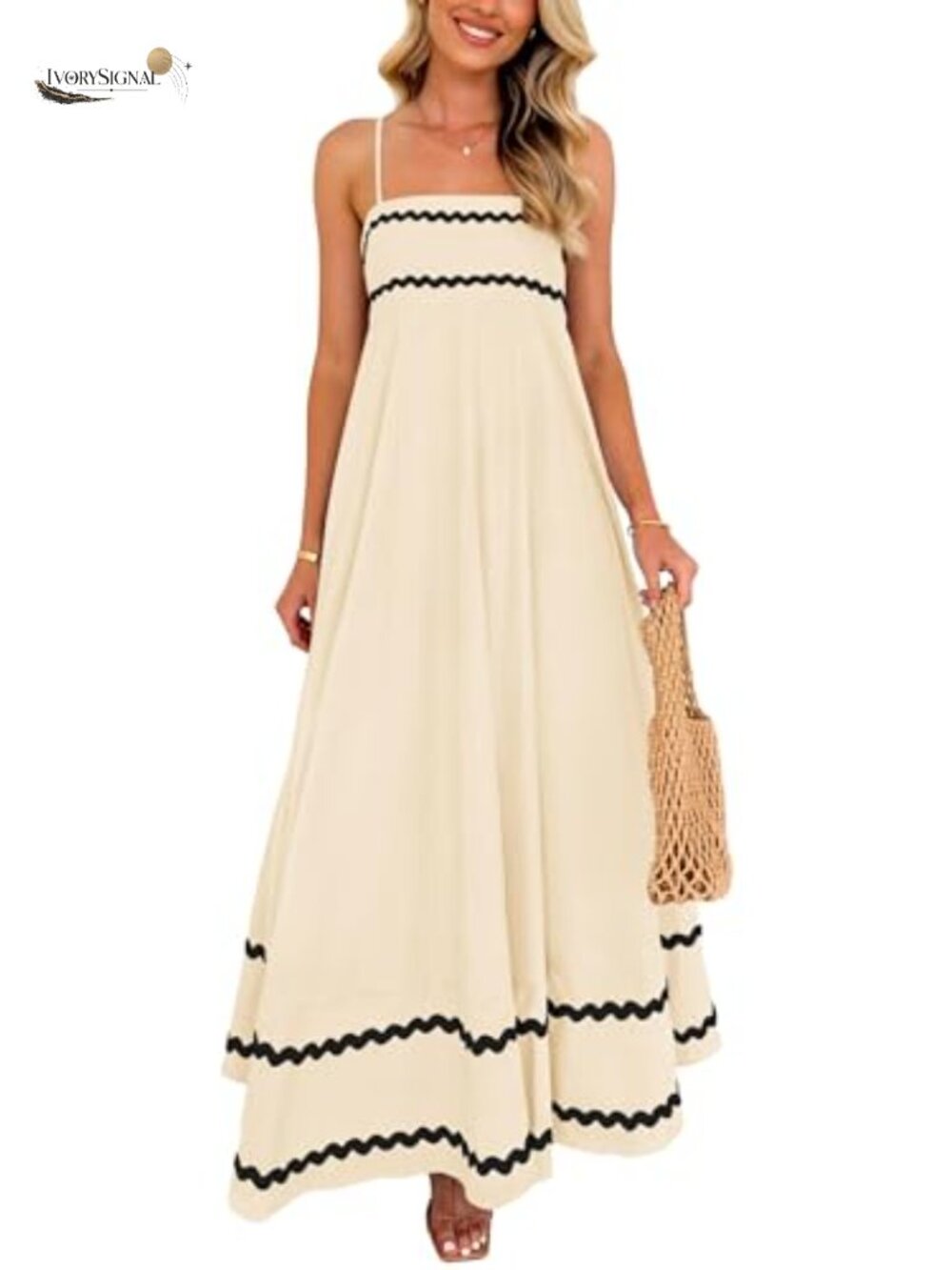 Women's Boho Maxi Dress Spaghetti Strap A-Line Smocked Back Ruffle Sundress